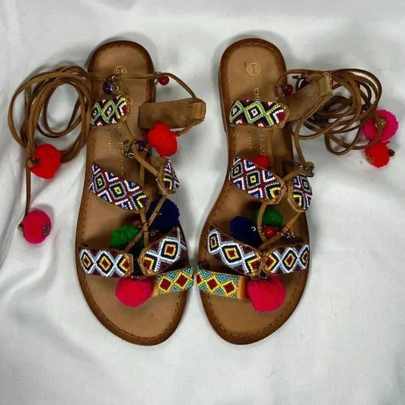 2/$30 Chinese Laundry Size 9.5 Sandals Beaded Pom Ankle Wrap Colorful Party - Picture 2 of 9